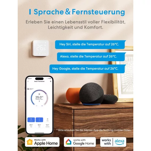 Meross Termostat Inteligent pentru Centrală Termică - Regulator de Încălzire WiFi cu Control Vocal Siri și Google, Ecran LED Tactil, Controlabil de la Distanță, Alb