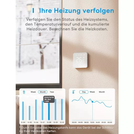Meross Termostat Inteligent pentru Centrală Termică - Regulator de Încălzire WiFi cu Control Vocal Siri și Google, Ecran LED Tactil, Controlabil de la Distanță, Alb