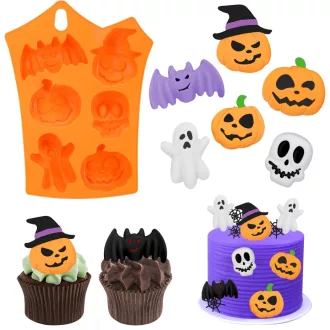   Pwsap 6 üreges Halloween csokoládé forma szilikon - tök, koponya, leprechaun, denevér