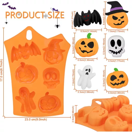 Pwsap 6 üreges Halloween csokoládé forma szilikon - tök, koponya, leprechaun, denevér