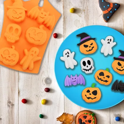 Formă din silicon Pwsap cu 6 cavități pentru ciocolată de Halloween - dovleac, craniu, spiriduș, liliac