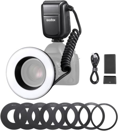 Blitz macro circular Godox MF-R76 GN14 - 10 nivele de intensitate, 8 inele adaptoare, acumulator de mare capacitate - Canon, Nikon, Sony, Fuji, Olympus DSLR