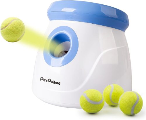 Lansator Automat de Mingi Pet Prime pentru Câini - Rase de Talie Mică, cu 3 Mingi de Tenis, Distanță Reglabilă, Joc Interior-Exterior, Alb