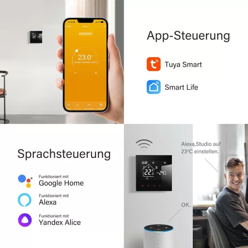 BEOK CONTROLS Termostat inteligent WiFi pentru centrală termică, încălzire prin pardoseală, programabil, termostat de cameră cu ecran LCD, aplicație Alexa Tuya, negru