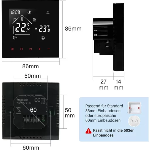 BEOK CONTROLS Termostat inteligent WiFi pentru centrală termică, încălzire prin pardoseală, programabil, termostat de cameră cu ecran LCD, aplicație Alexa Tuya, negru