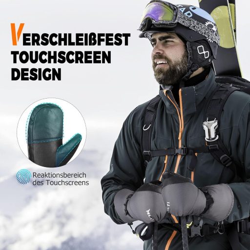Kineed Zimné lyžiarske rukavice pre mužov - vodeodolné, s dotykovou obrazovkou, hrejivé do -28°C, s výplňou z husieho peria, protišmyková dlaň - veľkosť L, sivé