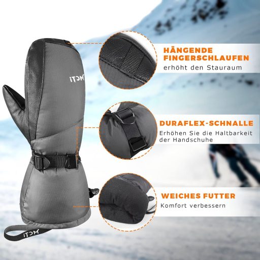 Kineed Zimné lyžiarske rukavice pre mužov - vodeodolné, s dotykovou obrazovkou, hrejivé do -28°C, s výplňou z husieho peria, protišmyková dlaň - veľkosť L, sivé
