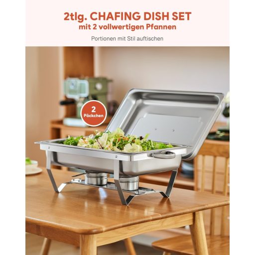 Wilprep Ételmelegítő Chafing Dish 9L - 2 db Rozsdamentes Acél Melegentartó Edény Szett 85°C-ig, Catering Büfé Rendezvény Kellék, Ezüst