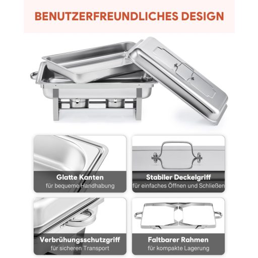 Wilprep Ételmelegítő Chafing Dish 9L - 2 db Rozsdamentes Acél Melegentartó Edény Szett 85°C-ig, Catering Büfé Rendezvény Kellék, Ezüst