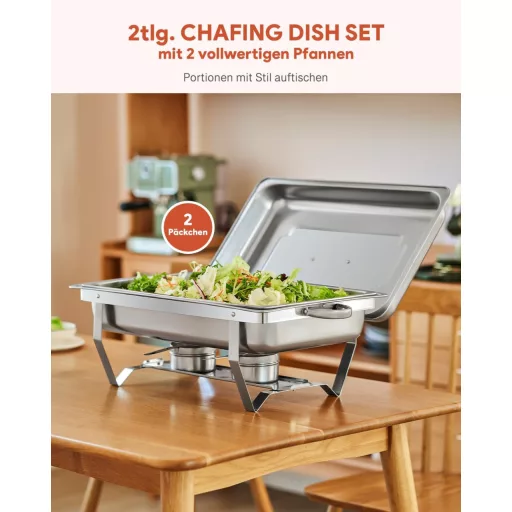 Wilprep Ételmelegítő Chafing Dish 9L - 2 db Rozsdamentes Acél Melegentartó Edény Szett 85°C-ig, Catering Büfé Rendezvény Kellék, Ezüst