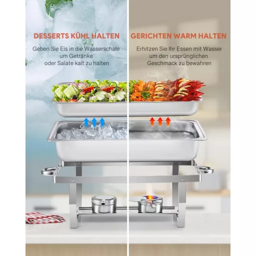 Wilprep Ételmelegítő Chafing Dish 9L - 2 db Rozsdamentes Acél Melegentartó Edény Szett 85°C-ig, Catering Büfé Rendezvény Kellék, Ezüst