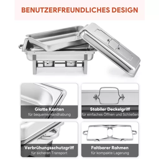 Wilprep Ételmelegítő Chafing Dish 9L - 2 db Rozsdamentes Acél Melegentartó Edény Szett 85°C-ig, Catering Büfé Rendezvény Kellék, Ezüst