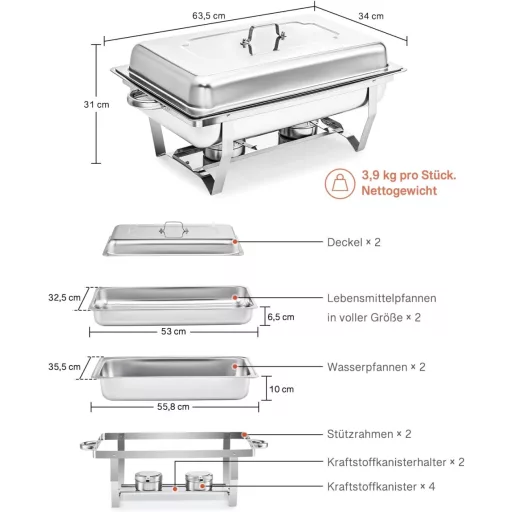 Wilprep Ételmelegítő Chafing Dish 9L - 2 db Rozsdamentes Acél Melegentartó Edény Szett 85°C-ig, Catering Büfé Rendezvény Kellék, Ezüst