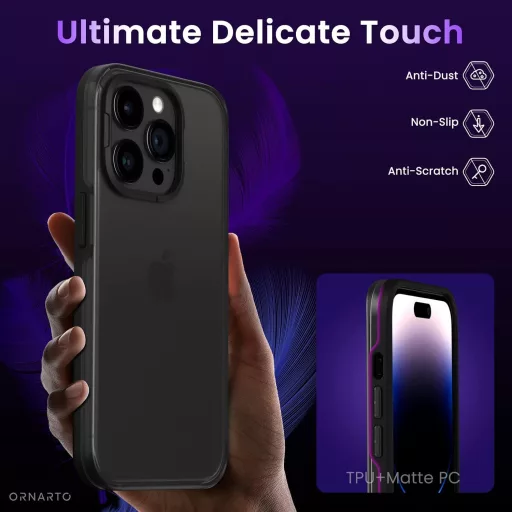 ORNARTO Ochranné puzdro pre iPhone 14 Pro Max – Matné čierne puzdro odolné voči odtlačkom prstov s protišmykovou úpravou a ochranou pomocou vzduchových vankúšov, s 2 chráničmi fotoaparátu a 2 chráničmi displeja