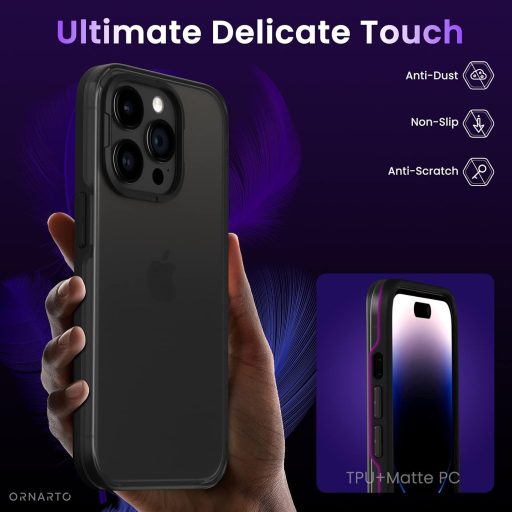 ORNARTO iPhone 14 Pro Max Védőtok - Matt Fekete Ujjlenyomatmentes Csúszásgátló Tok Légpárnás Védelemmel, 2 Kamera és 2 Kijelzővédővel

AI: O