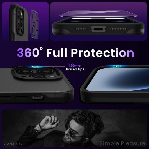 Husă de protecție ORNARTO pentru iPhone 14 Pro Max - Negru Mat, Anti-amprentă, Anti-alunecare, cu Protecție Airbag, 2 Folii de protecție pentru cameră și 2 Folii de protecție pentru ecran
