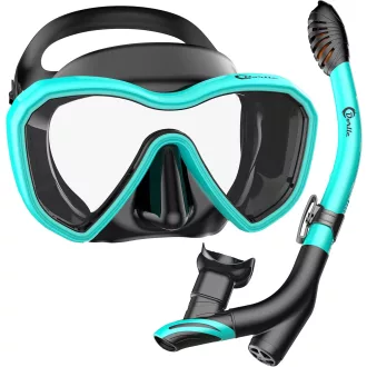   Set de snorkeling cu panoramă Dorlle, mască de scufundări impermeabilă, sticlă anti-aburire, tub de respirat cu 3 canale - Verde apă