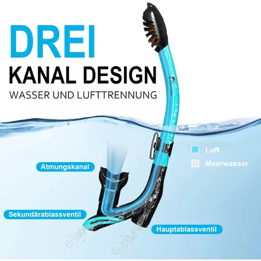 Set de snorkeling cu panoramă Dorlle, mască de scufundări impermeabilă, sticlă anti-aburire, tub de respirat cu 3 canale - Verde apă