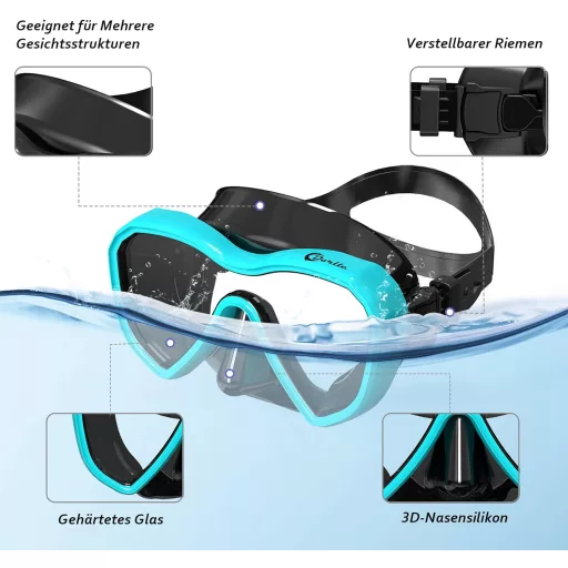 Dorlle Panoráma Snorkel Szett, Vízálló Búvármaszk, Páramentesítő Üveg, 3 Csatornás Légzőcső - Water Green