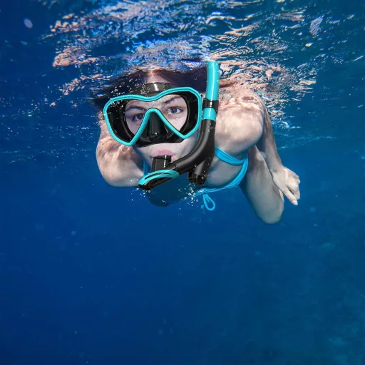 Set de snorkeling cu panoramă Dorlle, mască de scufundări impermeabilă, sticlă anti-aburire, tub de respirat cu 3 canale - Verde apă