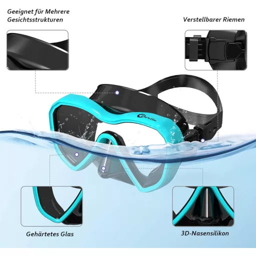 Dorlle Panoráma Snorkel Szett, Vízálló Búvármaszk, Páramentesítő Üveg, 3 Csatornás Légzőcső - Water Green