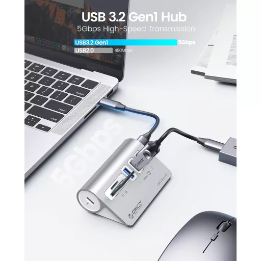 ORICO USB-C Hub 3.2 Gen 1 – 3 USB porty, čítačka SD/TF kariet, 5 Gbps, kompatibilný s MacBookom