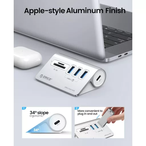 ORICO USB-C Hub 3.2 Gen 1 – 3 USB porty, čítačka SD/TF kariet, 5 Gbps, kompatibilný s MacBookom