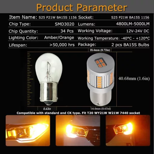 Eseastar S25 BA15S LED žiarovka žltá 180° pre smerové svetlá 34SMD 2ks