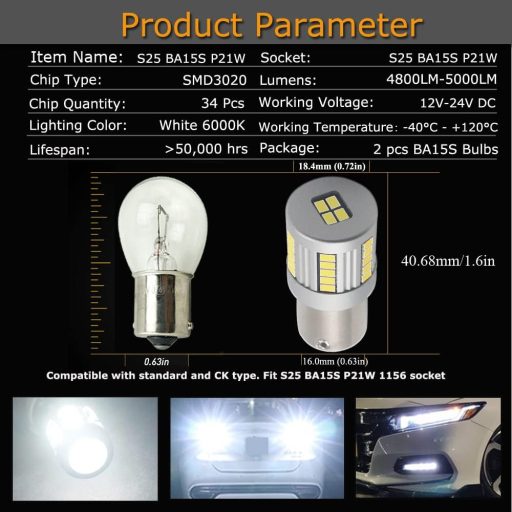 Eseastar S25 BA15S P21W LED žiarovka biela 6000K do auta 2ks