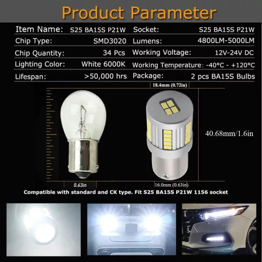 Eseastar S25 BA15S P21W Bec LED alb 6000K pentru auto, 2 buc