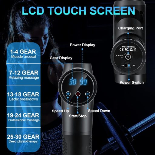 Pistol de masaj Zerolia cu 30 de viteze - Masaj muscular cu ecran tactil LCD, 10 capete, Masaj portabil silențios pentru umăr, corp, dureri de spate