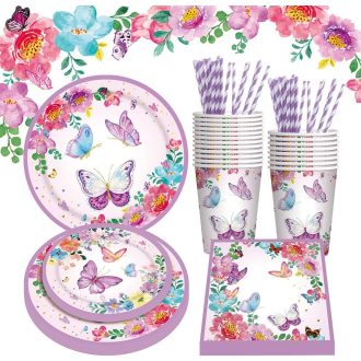   Amycute Pillangós Születésnapi Tányér Szett 100 Darab Parti Dekoráció Lányoknak