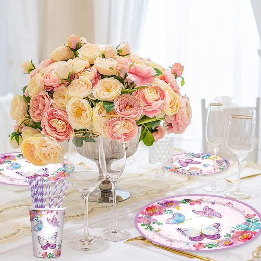 Set de Farfurii pentru Aniversare cu Fluturi Amycute, 100 de Piese, Decorațiuni de Petrecere pentru Fete