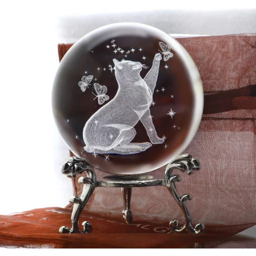 HDCRYSTALGIFTS 3D Lézergravírozott Macska Kristálygömb Állvánnyal 6,5cm