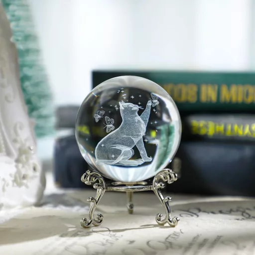 HDCRYSTALGIFTS 3D Lézergravírozott Macska Kristálygömb Állvánnyal 6,5cm