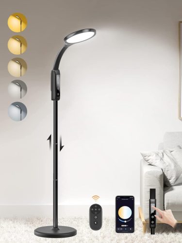 Lampă de podea LED reîncărcabilă CRLL cu înălțime reglabilă - Temperatură culoare 2700K-6500K, 5 niveluri de luminozitate, Control cu telecomandă și aplicație, Neagră