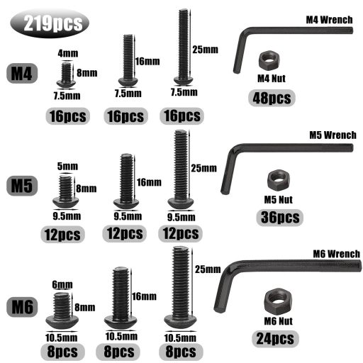 WeqeYent 219 részes csavar és anya szett M4 M5 M6 fekete acél