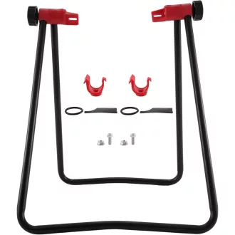   Stativ de reparat biciclete Dropfree, cu braț de centrare a roților și instrument de întreținere.