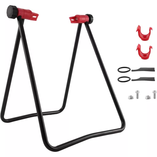 Stativ de reparat biciclete Dropfree, cu braț de centrare a roților și instrument de întreținere.