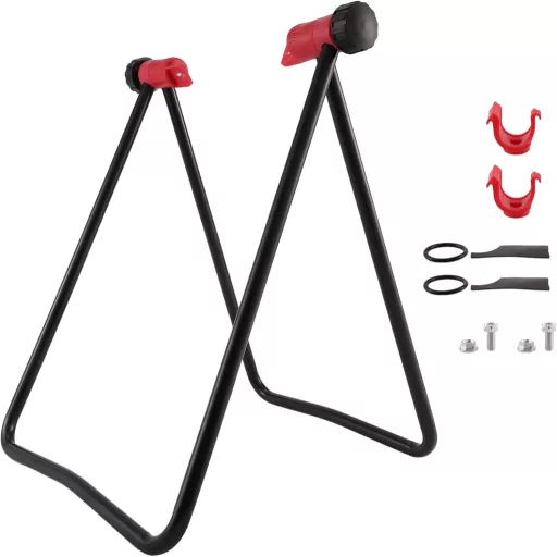 Stativ de reparat biciclete Dropfree, cu braț de centrare a roților și instrument de întreținere.