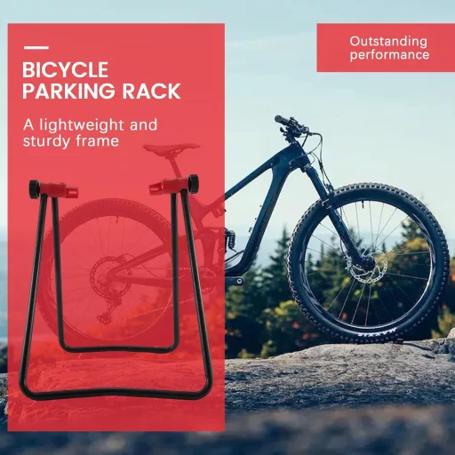 Stativ de reparat biciclete Dropfree, cu braț de centrare a roților și instrument de întreținere.