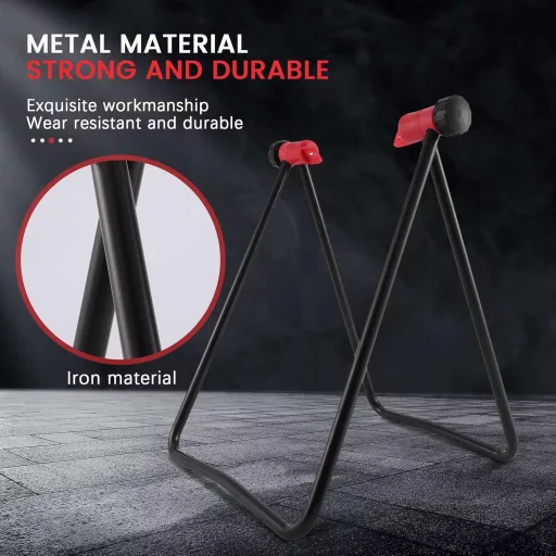 Stativ de reparat biciclete Dropfree, cu braț de centrare a roților și instrument de întreținere.