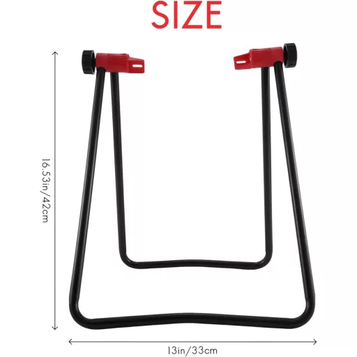 Stativ de reparat biciclete Dropfree, cu braț de centrare a roților și instrument de întreținere.