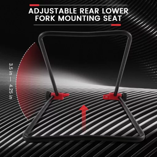 Stativ de reparat biciclete Dropfree, cu braț de centrare a roților și instrument de întreținere.