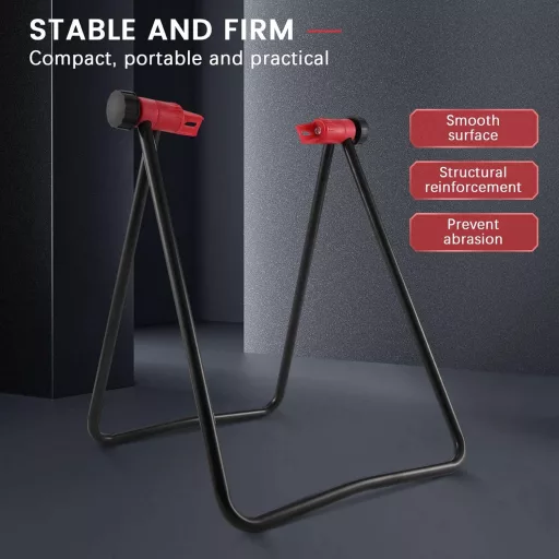 Stativ de reparat biciclete Dropfree, cu braț de centrare a roților și instrument de întreținere.