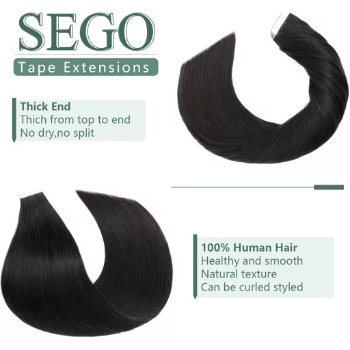 Extensii de păr cu cheratină SEGO, naturale, 18 inch, negru 1B, 20 bucăți, lucioase