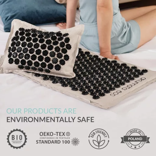 Set covor și pernă de acupresură ECO akumata - Pentru ameliorarea durerilor de spate și de gât - Set complet de masaj corporal din in, negru