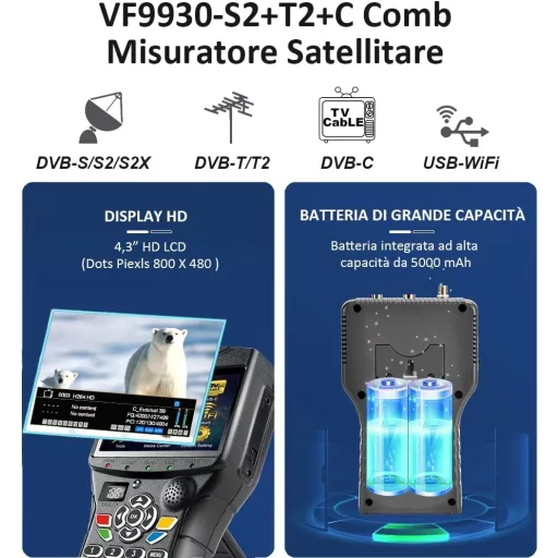 Digitálny satelitný vyhľadávač SZBOX VF9930 so 4,3" LCD displejom DVB-S2/S/T2/T/C