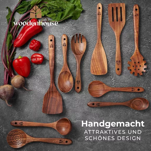 Woodenhouse 10 részes teakfa főzőkanál készlet - Merőkanál, spatula, konyhai eszközök tapadásmentes edényekhez - Természetes, BPA-mentes
