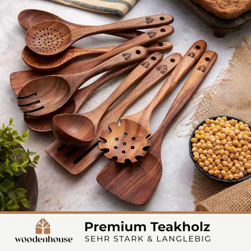 Woodenhouse 10 részes teakfa főzőkanál készlet - Merőkanál, spatula, konyhai eszközök tapadásmentes edényekhez - Természetes, BPA-mentes